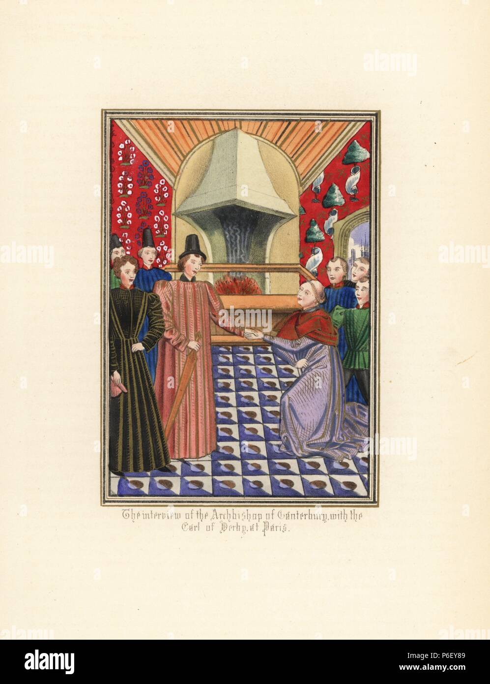 Thomas Arundel, Archbishop of Canterbury, meets Henry Bolingbroke, Earl of Derby, in exile in Paris to persuade him to take the crown from King Richard II, 1399. Handcoloured lithograph after an illuminated manuscript from Sir John Froissart's 'Chronicles of England, France, Spain and the Adjoining Countries, from the Latter Part of the Reign of Edward II to the Coronation of Henry IV,' George Routledge, London, 1868. Stock Photo