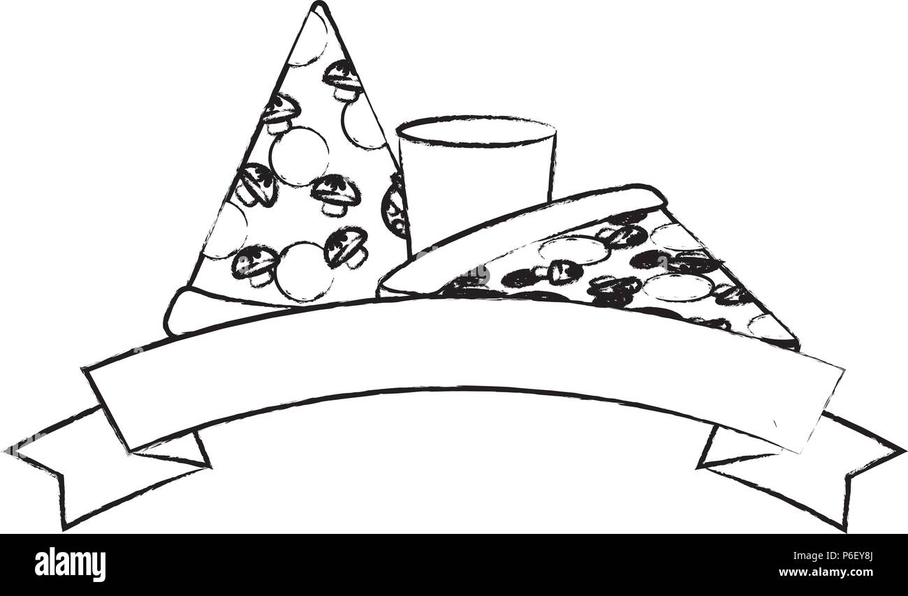 decorative ribbon with pizza slices and glass icon over white ...