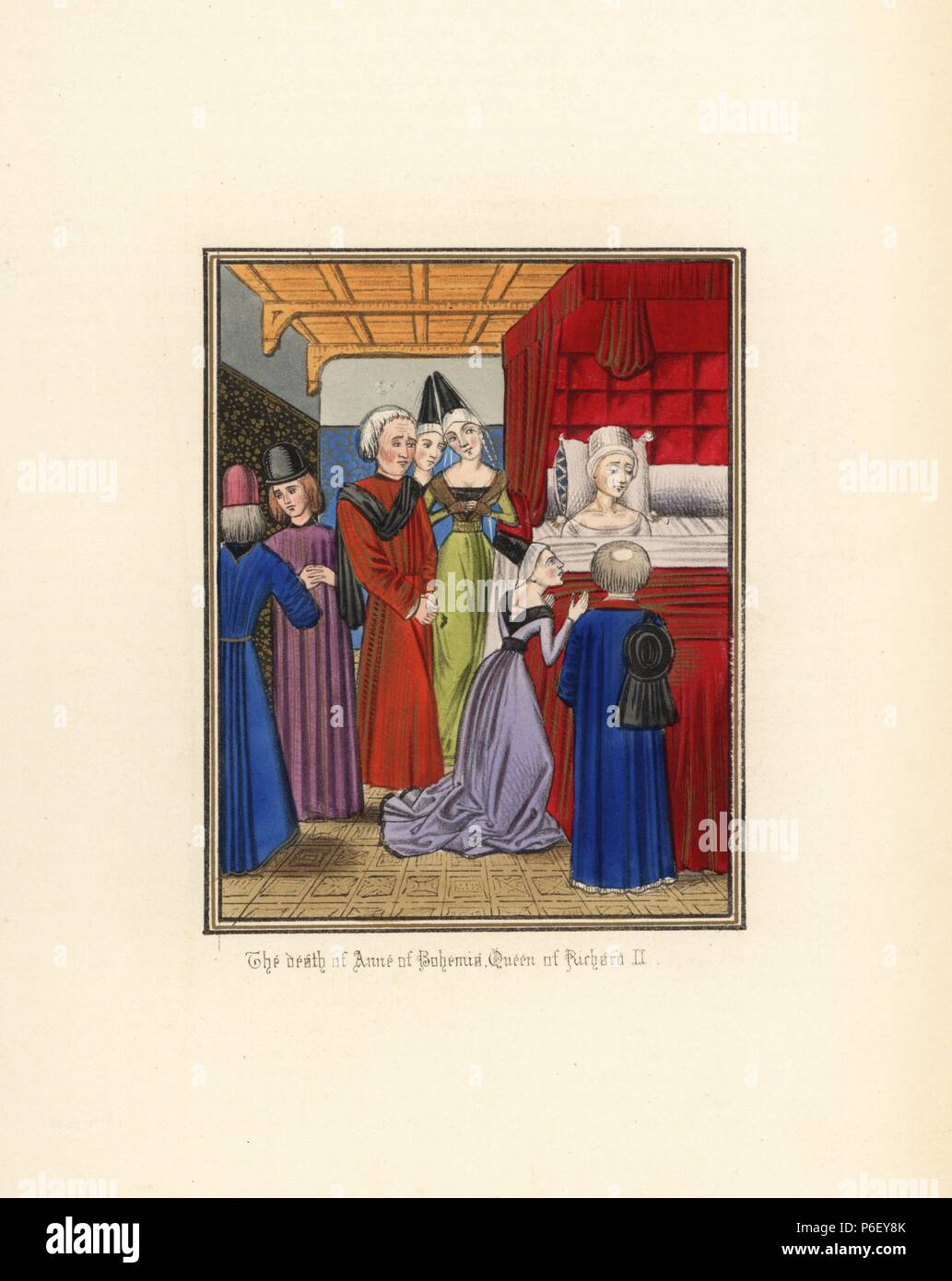 The death of Anne of Bohemia, queen of Richard II, daughter of emperor Charles IV, aged 28, 1394. She lies on a canopied bed surrounded by ladies in waiting, courtiers and clergy. Handcoloured lithograph after an illuminated manuscript from Sir John Froissart's 'Chronicles of England, France, Spain and the Adjoining Countries, from the Latter Part of the Reign of Edward II to the Coronation of Henry IV,' George Routledge, London, 1868. Stock Photo
