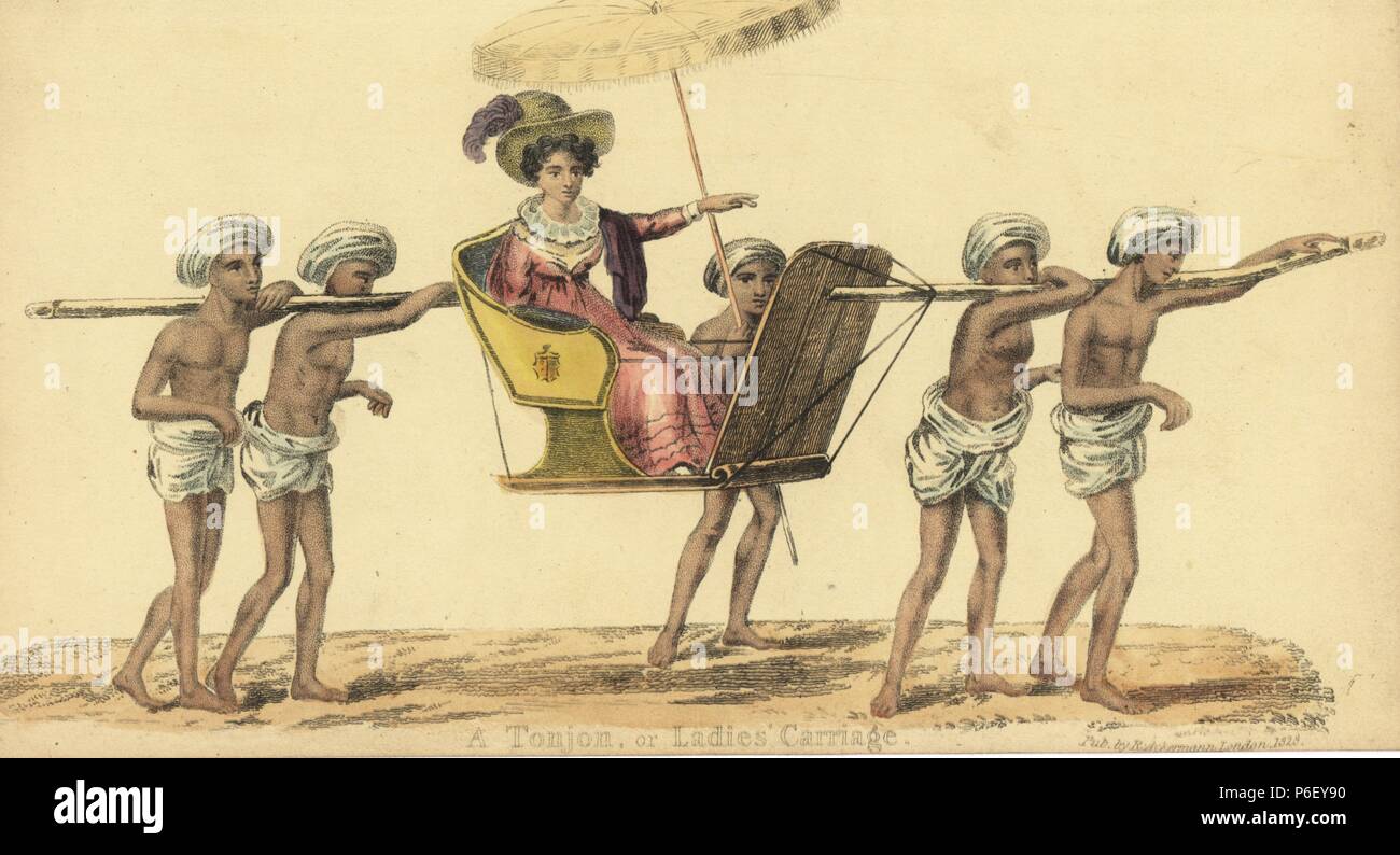 European woman in a tonjon, or ladies carriage, carried by Indian bearers in loincloth, and attended by an umbrella carrier. Handcoloured copperplate engraving by an unknown artist from 'Asiatic Costumes,' Ackermann, London, 1828. Stock Photo