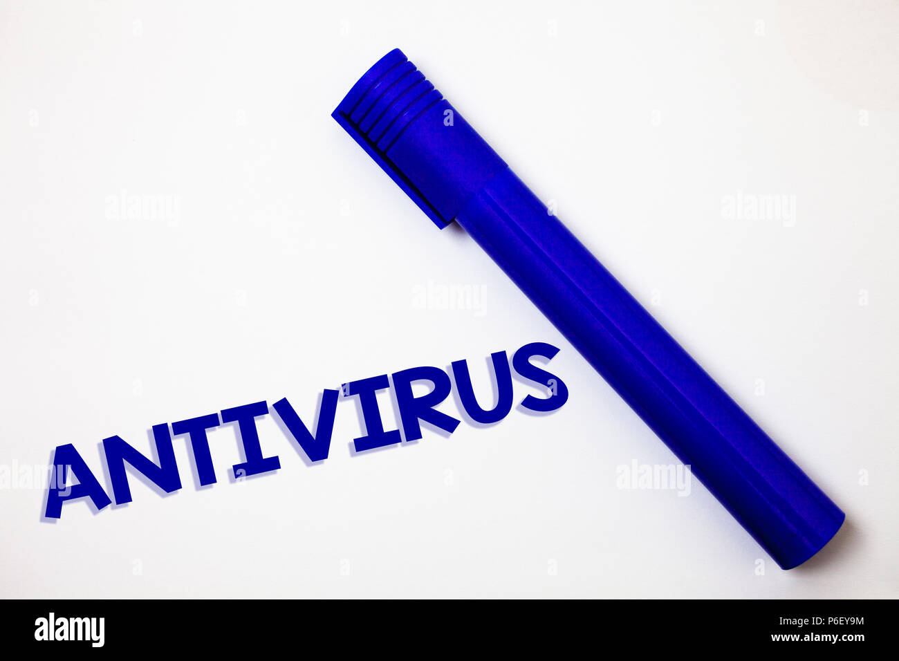 Handwriting text Antivirus. Concept meaning Safekeeping Barrier Firewall Security Defense Protection Surety Ideas messages white background blue marke Stock Photo