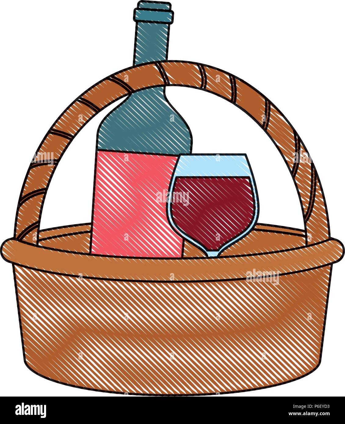 picnic basket with wine bottle and glass icon over white background ...
