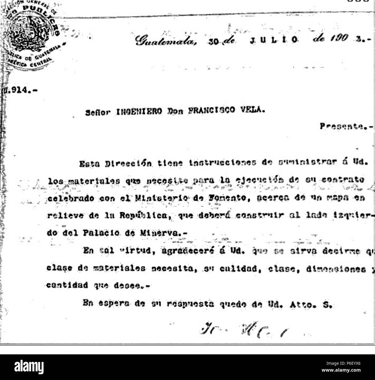 Español: Documento dirigido al ingeniero Francisco Vela. 1903 39 Documebtomaoarelieve4 Stock Photo