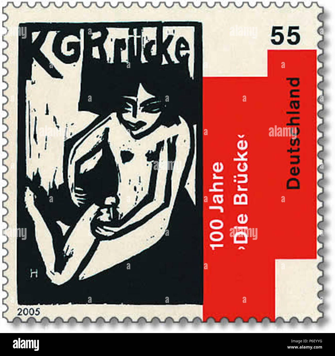 Deutsch: Katalogumschlag der Künstlergemeinschaft 'Die Brücke' mit dem Holzschnitt 'Sitzende Fränzi', 1910, Erich Heckel . First Day of Issue: 2005-05-12 39 DPAG-2005-DieBrueckeSitzendeFraenzi Stock Photo