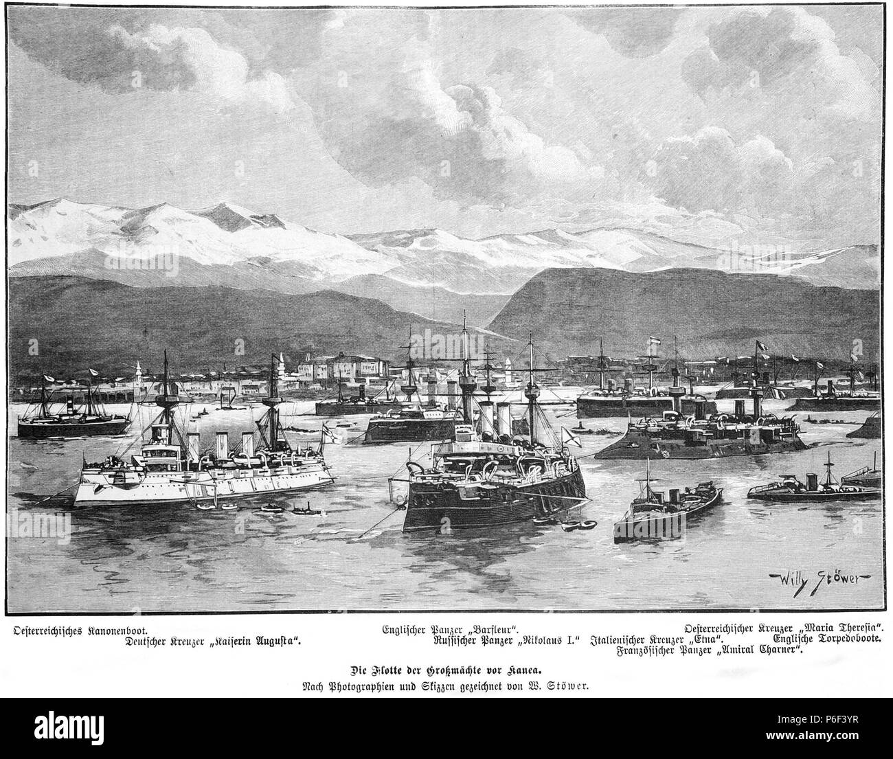 . Die Gartenlaube. Bild aus Seite 213 in 'Die Gartenlaube'. Image from page 213 of journal Die Gartenlaube, 1897. Deutsch: Bildunterschrift: „Oesterreichisches Kanonenboot. Englischer Panzer „Barfleur“. Oesterreichischer Kreuzer „Maria Theresia“. Deutscher Kreuzer „Kaiserin Augusta“. Russischer Panzer „Nikolaus I.“ Italienischer Kreuzer „Etna“. Englisches Torpedoboot. Französischer Panzer „Admiral Charmer“. Die Flotte der Großmächte vor Kanea. Nach Photographien und Skizzen gezeichnet von W. Stöwer.“ English: caption: 'Oesterreichisches Kanonenboot. Englischer Panzer „Barfleur“. Oesterreichisc Stock Photo