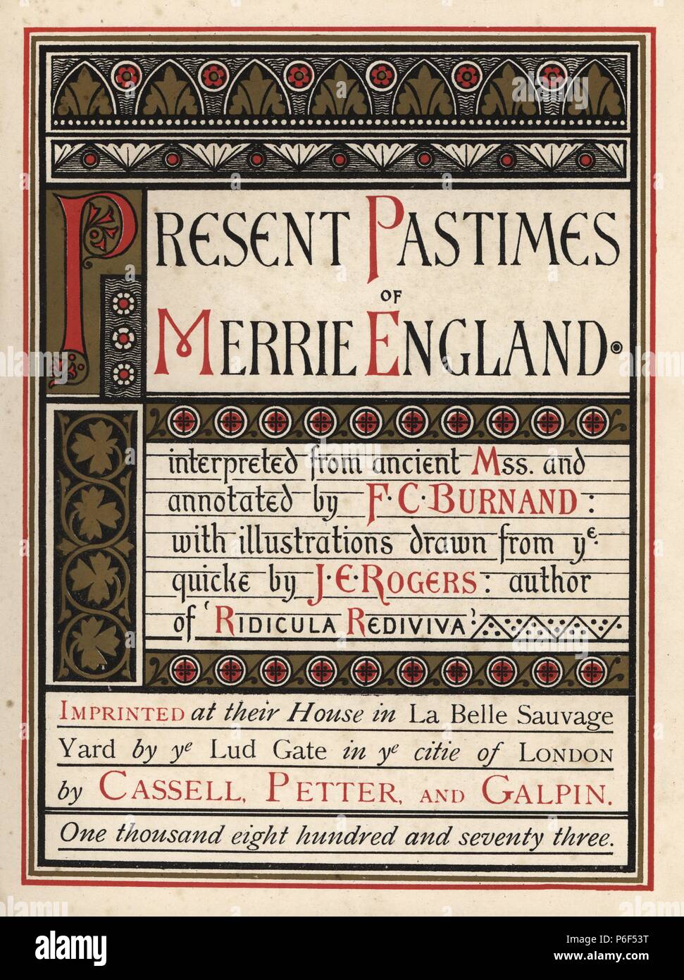 Illuminated title page. Handcoloured lithograph after an illustration by J. E. Rogers from Francis Cowley Burnand's 'Present Pastimes of Merrie England, Cassell, London, 1873. Stock Photo