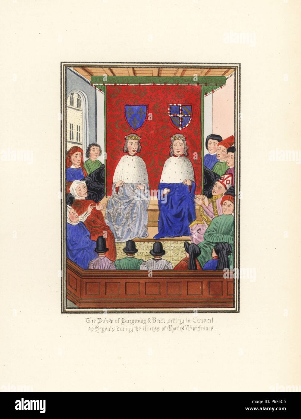 Philip the Bold, Duke of Burgundy, and John, Duke of Berry, sitting in council as Regents during the illness of Charles VI the Mad of France. Handcoloured lithograph after an illuminated manuscript from Sir John Froissart's 'Chronicles of England, France, Spain and the Adjoining Countries, from the Latter Part of the Reign of Edward II to the Coronation of Henry IV,' George Routledge, London, 1868. Stock Photo