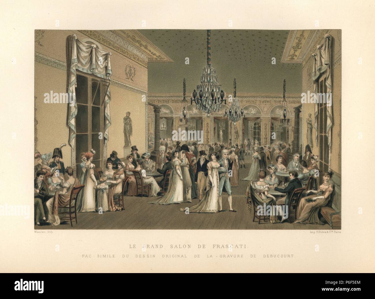 The great hall at Frascati, a famous salon for parties, balls, concerts and gambling, in Paris, circa 1800. Drawn by Debucourt, chromolithograph by Mauler from Paul Lacroix's 'Directoire, Consulat et Empire,' Paris, 1884. Stock Photo