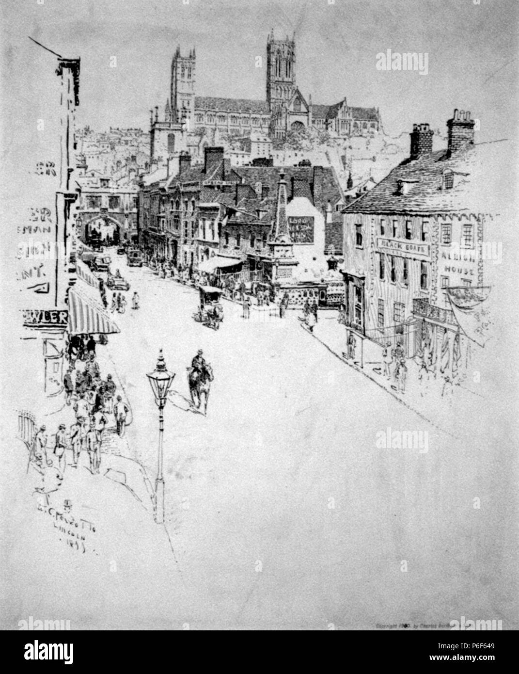 English: High Street, Lincoln, Lincolnshire, England. Published in: 'Oliver Cromwell' by Theodore Roosevelt, Scribner's magazine, 27:147 (Feb. 1900). 1899 41 Ernest Peixotto, High Street, Lincoln, 1899 Stock Photo
