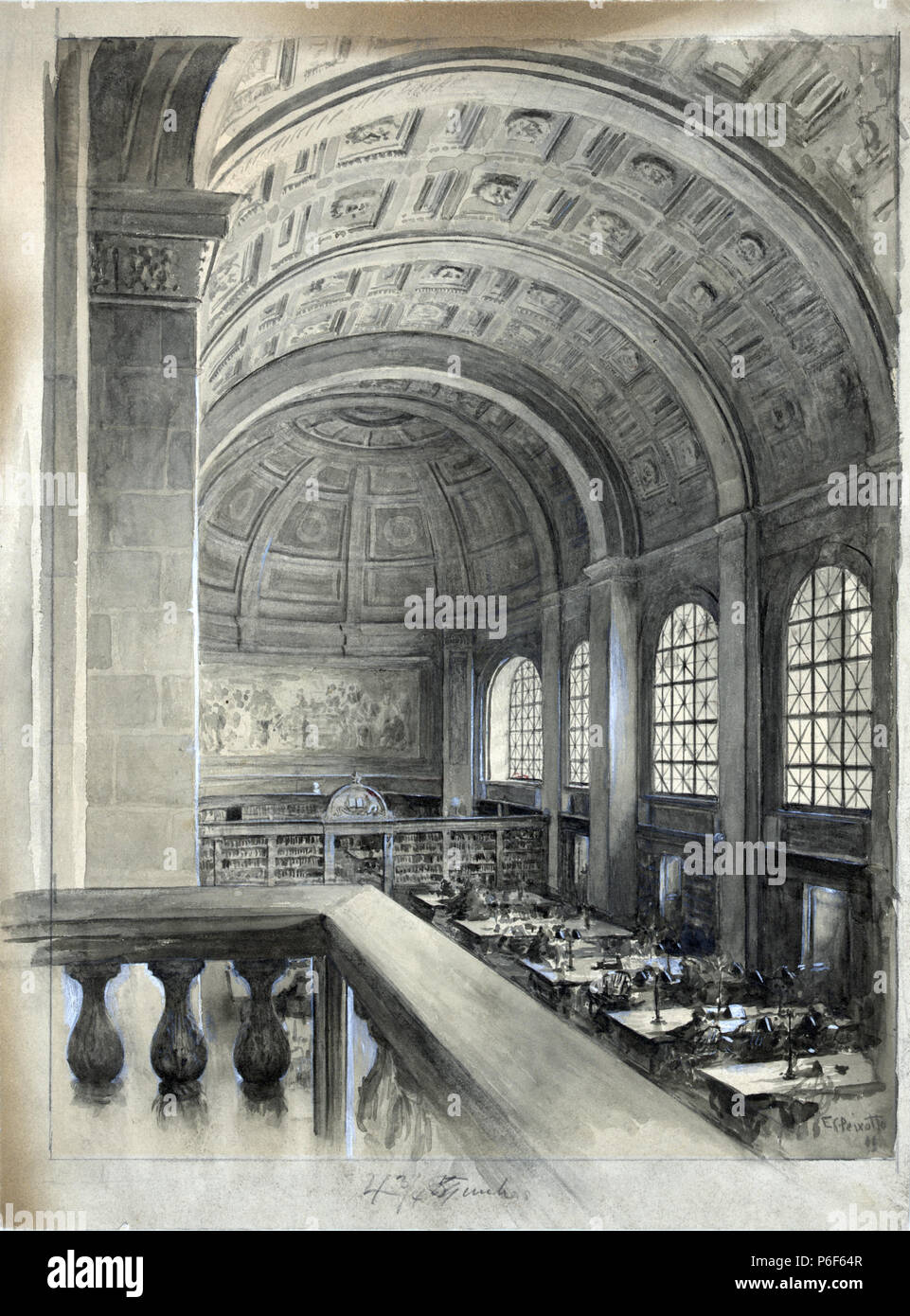 English: Illustration drawing shows the interior of the reading room of the Boston Public Library, Bates Hall. 1 drawing : wash, opaque white and graphite. Published in: 'The New Building of the Boston Public Library' by T.R. Sullivan, Scribner's magazine, 19:88 (January 1896). 1896 41 Ernest Peixotto, Reading room, Bates Hall, 1896 Stock Photo