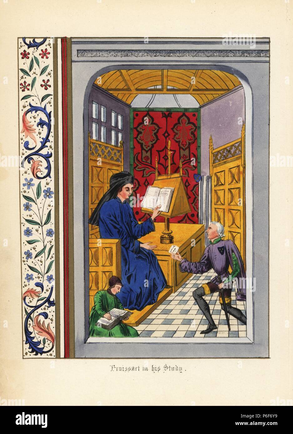Sir John Froissart (c. 1337 – c. 1405) in his study reading a manuscript on a lectern. Handcoloured lithograph after an illuminated manuscript from Sir John Froissart's 'Chronicles of England, France, Spain and the Adjoining Countries, from the Latter Part of the Reign of Edward II to the Coronation of Henry IV,' George Routledge, London, 1868. Stock Photo