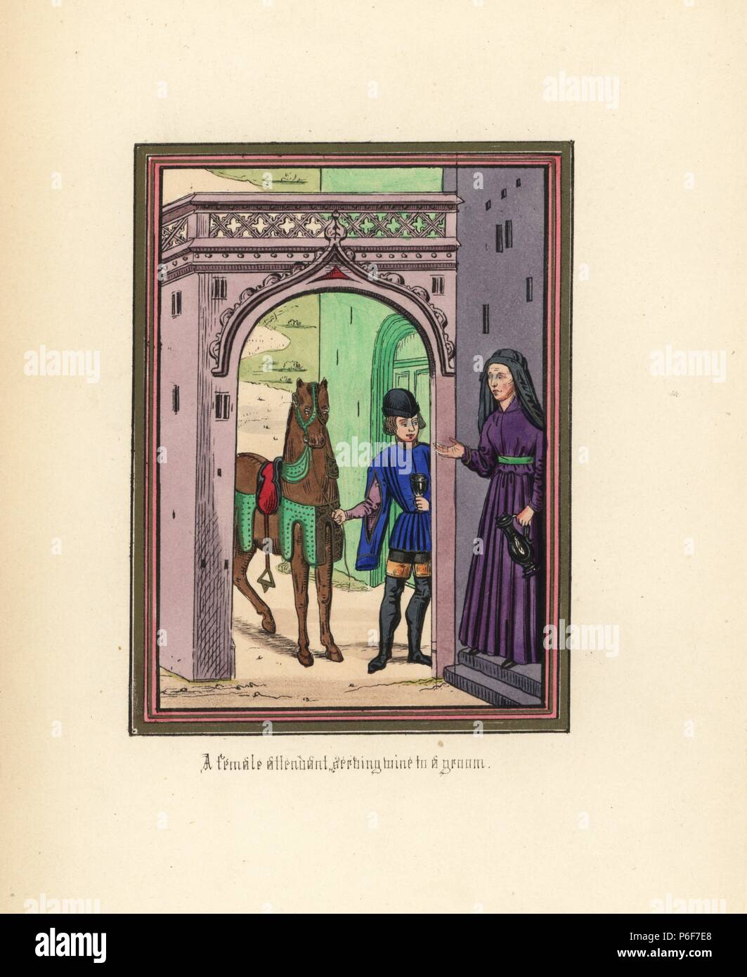 A female attendant serving wine to a groom with horse, beneath a courtyard archway. Handcoloured lithograph after an illuminated manuscript from Sir John Froissart's 'Chronicles of England, France, Spain and the Adjoining Countries, from the Latter Part of the Reign of Edward II to the Coronation of Henry IV,' George Routledge, London, 1868. Stock Photo