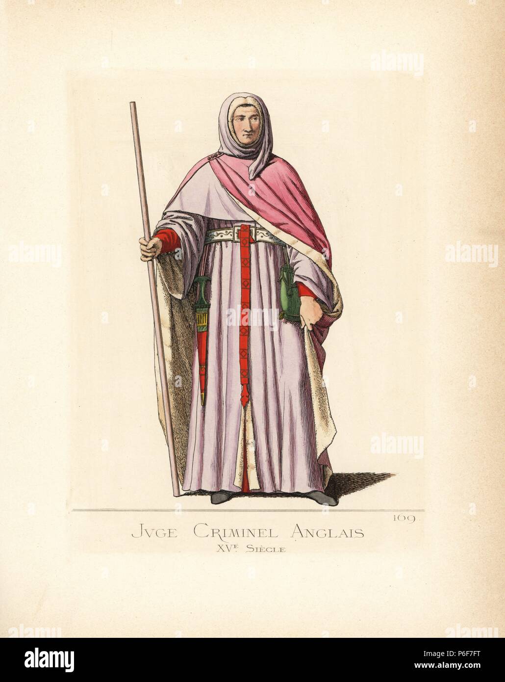 Costume of an English criminal judge, 15th century. He wears an  ermine-lined cape secured at the shoulder with a brooch, ermine-lined hood  and robe, green purse with gold clasp. He wears a