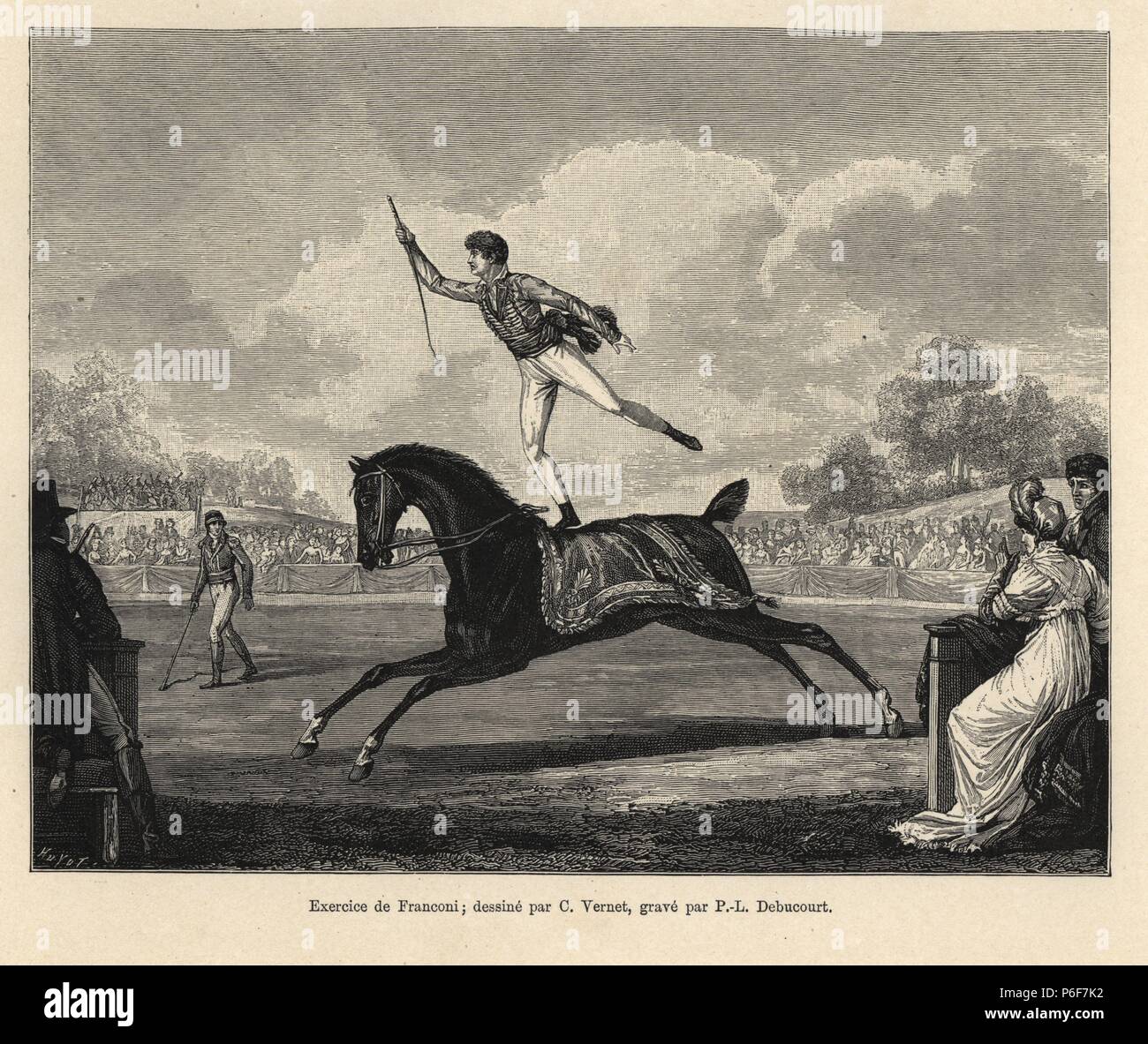 The equestrian acrobat Antonio Franconi standing on a galloping horse, Cirque Olympique in Paris, circa 1800. Drawn by Carle Vernet, woodcut by Huyot from Paul Lacroix's 'Directoire, Consulat et Empire,' Paris, 1884. Stock Photo