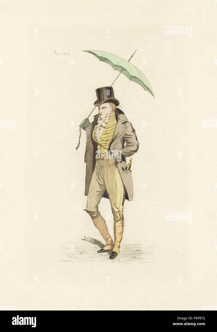 English man in the fashion of May 1802. He wears suede breeches and  gaiters, top hat, frock coat and waistcoat, and carries an umbrella cane.  Culottes et guetres de peau couleur de