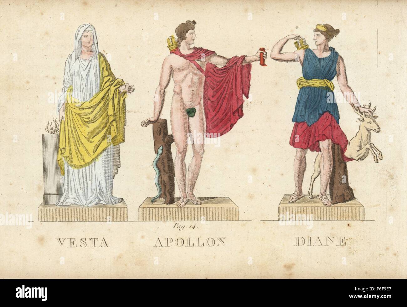 Vesta, Apollo and Diana, Roman god and goddesses of the hearth, poetry and music, and the hunt. Handcoloured copperplate engraving engraved by Jacques Louis Constant Lacerf after illustrations by Leonard Defraine from 'La Mythologie en Estampes' (Mythology in Prints, or Figures of Fabled Gods), Chez P. Blanchard, Paris, c.1820. Stock Photo