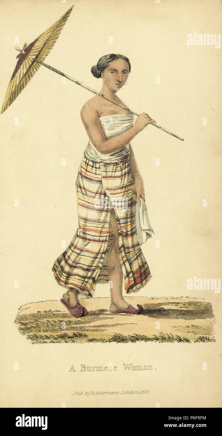 Burmese woman in long loose striped silk petticoat, wearing slippers and carrying an umbrella. She wears painted fingernails and sandalwood perfume. Handcoloured copperplate engraving by an unknown artist from 'Asiatic Costumes,' Ackermann, London, 1828. Stock Photo