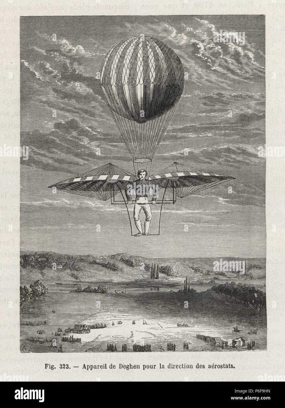 Jacques Deghen, a clockmaker from Vienna, and his balloon with hand-powered wings for direction, circa 1808. Woodblock engraving by Mes from Louis Figuier's "Les Merveilles de la Science: Aerostats" (Marvels of Science: Air Balloons), Furne, Jouvet et Cie, Paris, 1868. Stock Photo