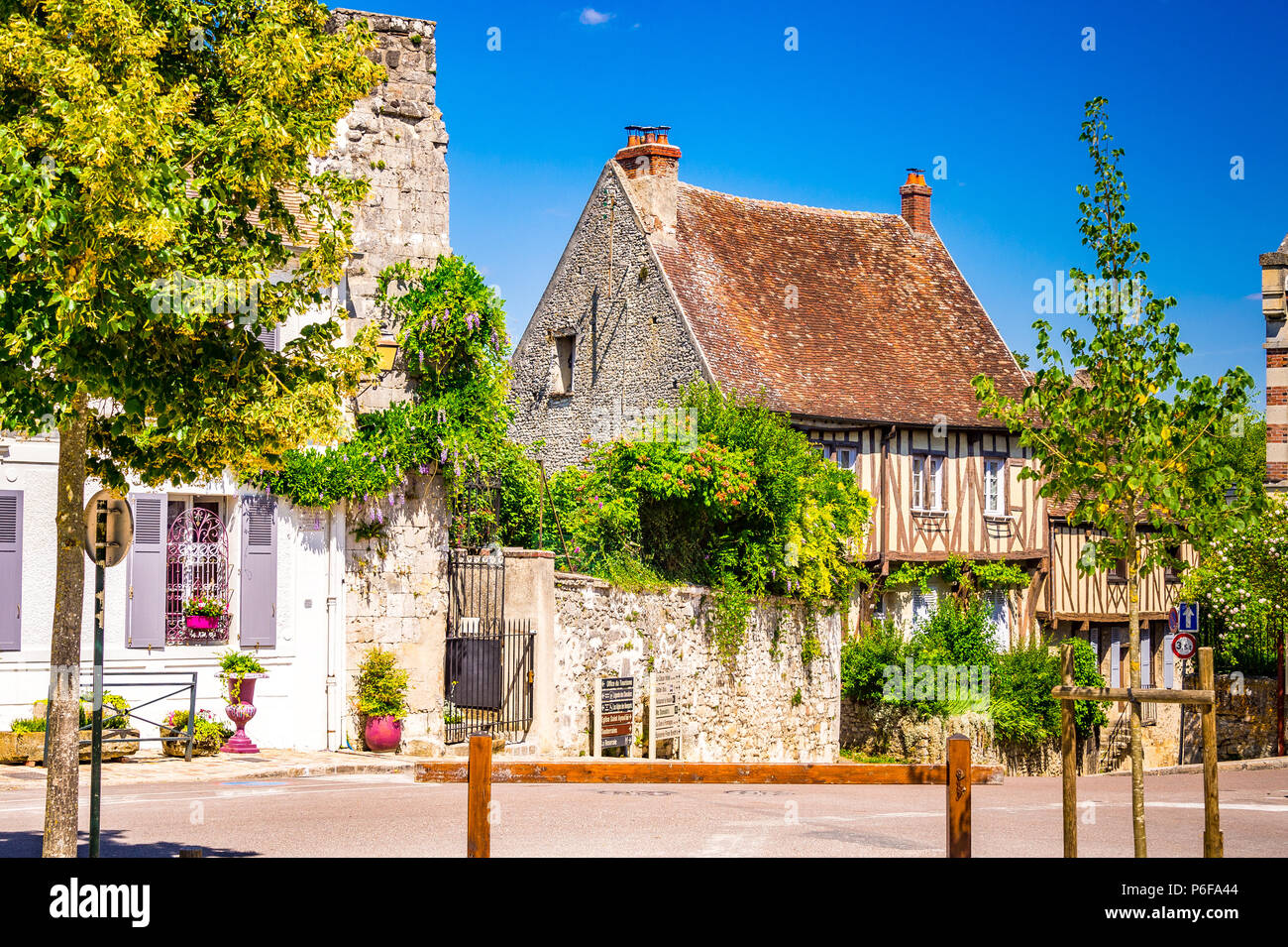 Houses, businesses and streets the upper part of town in Provins, France. Stock Photo