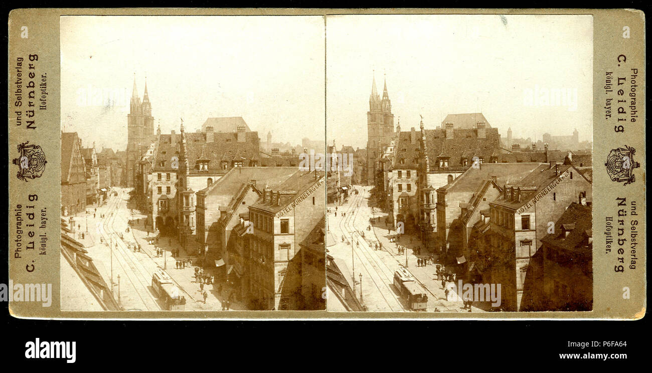 1900 circa Stereoskopie Carl Leidig, Hofoptiker, Nürnberg, Königstraße, Blick vom Dach der Mauthalle in Richtung Lorenzkirche. Stock Photo