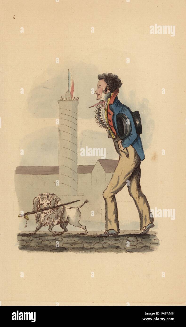 Parisian dandy with dog carrying a cane, circa 1815. Handcoloured ...