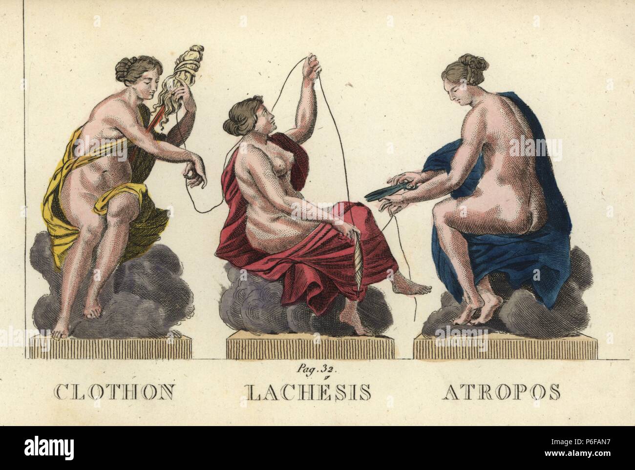 Clotho, Lachesis and Atropos, the Greek Fates or Moirai. Handcoloured copperplate engraving engraved by Jacques Louis Constant Lacerf after illustrations by Leonard Defraine from 'La Mythologie en Estampes' (Mythology in Prints, or Figures of Fabled Gods), Chez P. Blanchard, Paris, c.1820. Stock Photo