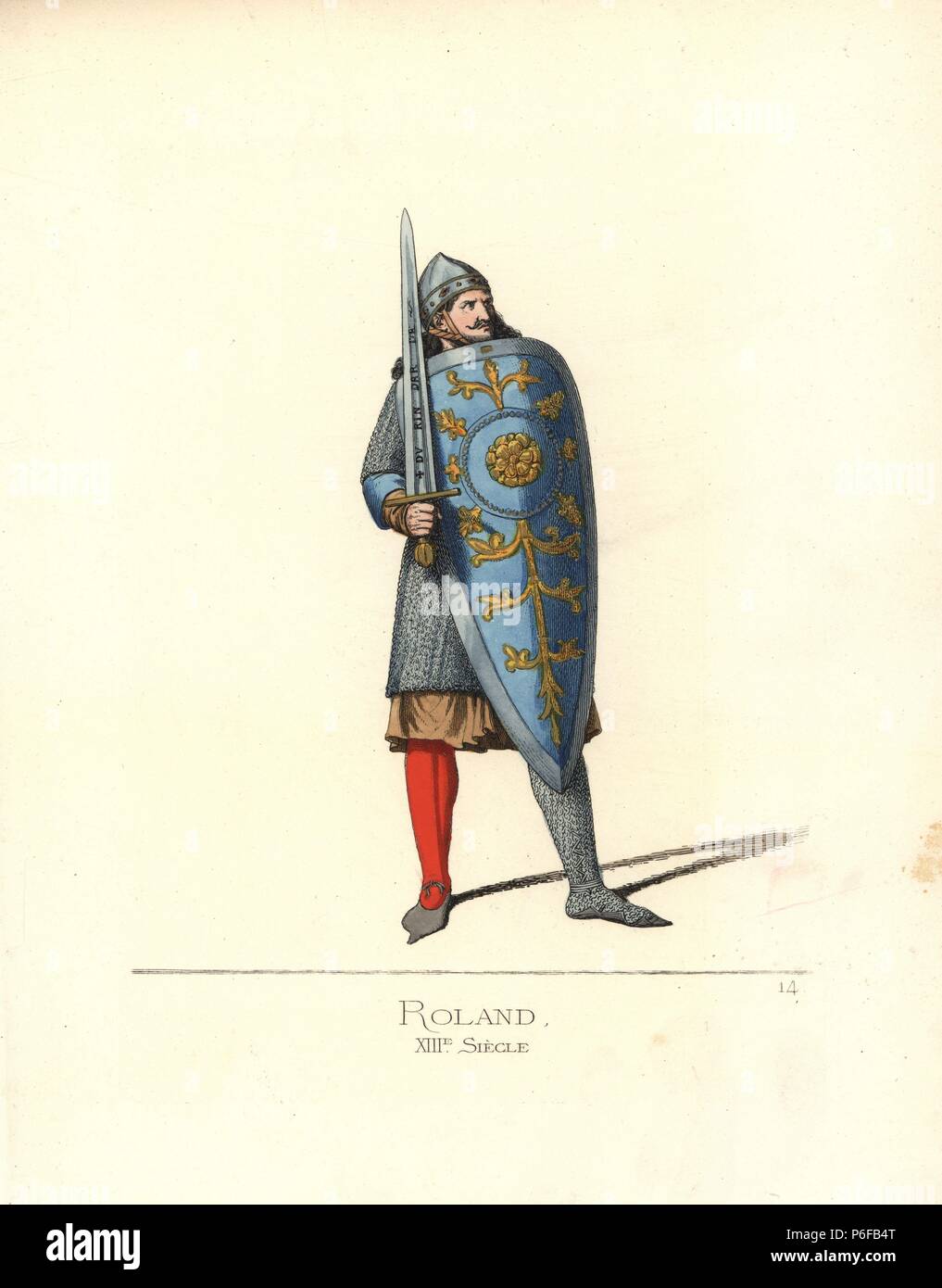 The paladin Roland, from the Song of Roland, 13th century. He wears a  helmet, chainmail tunic, stocking and chainmail legging. He holds a sword  engraved with Durindarda and large shield From a