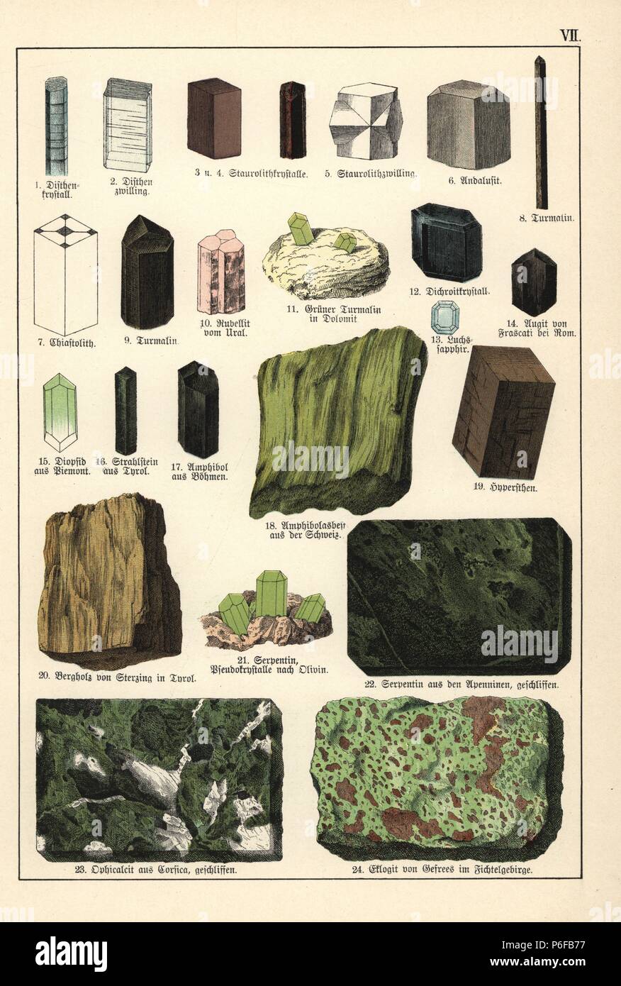 Various minerals and crystals including kyanite, staurolite, andalusite, tourmaline, chiastolite, rubellite, cordierite, pyroxene, diopside, actinolite, amphibole, hypersthene, mountain leather, asbestos, serpentine, ophicalcite and eclogite. Chromolithograph from Dr. Aldolph Kenngott's 'Mineralogy' section in Gotthilf Heinrich von Schubert's 'Naturgeschichte,' Schreiber, Munich, 1886. Stock Photo