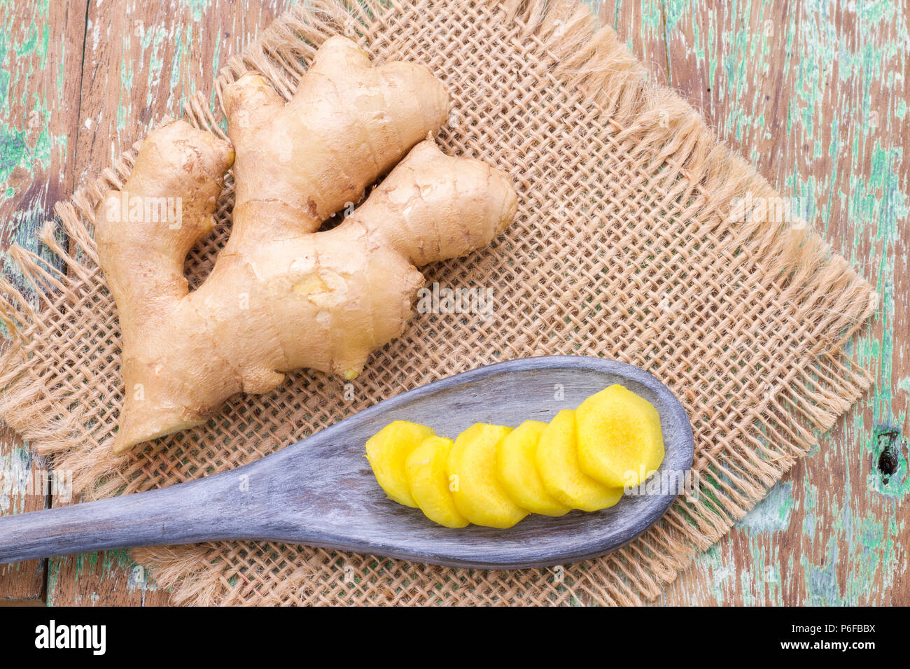 ginger roots on the table, top view Stock Photo