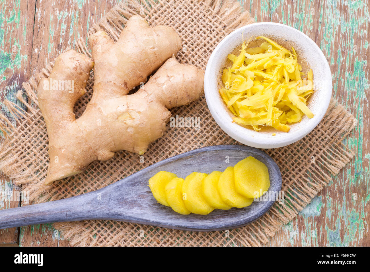 ginger roots on the table, top view Stock Photo