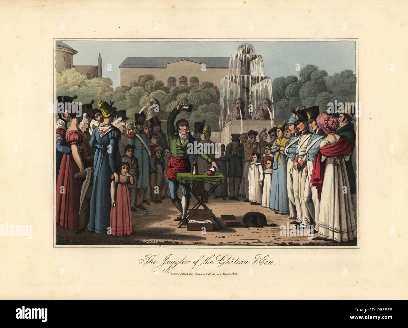 The juggler at the Chateau d'Eau, performing sleight of hand in front of an audience of soldiers and nurses. Handcoloured aquatint engraving after an illustration credited to Victor Auver from 'A Tour through Paris,' William Sams, London, 1825. Stock Photo