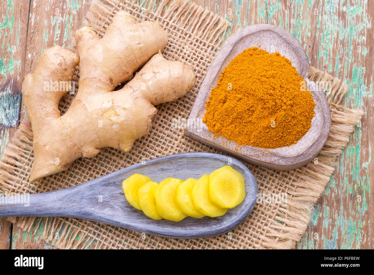 ginger roots and turmeric on the table, top view Stock Photo