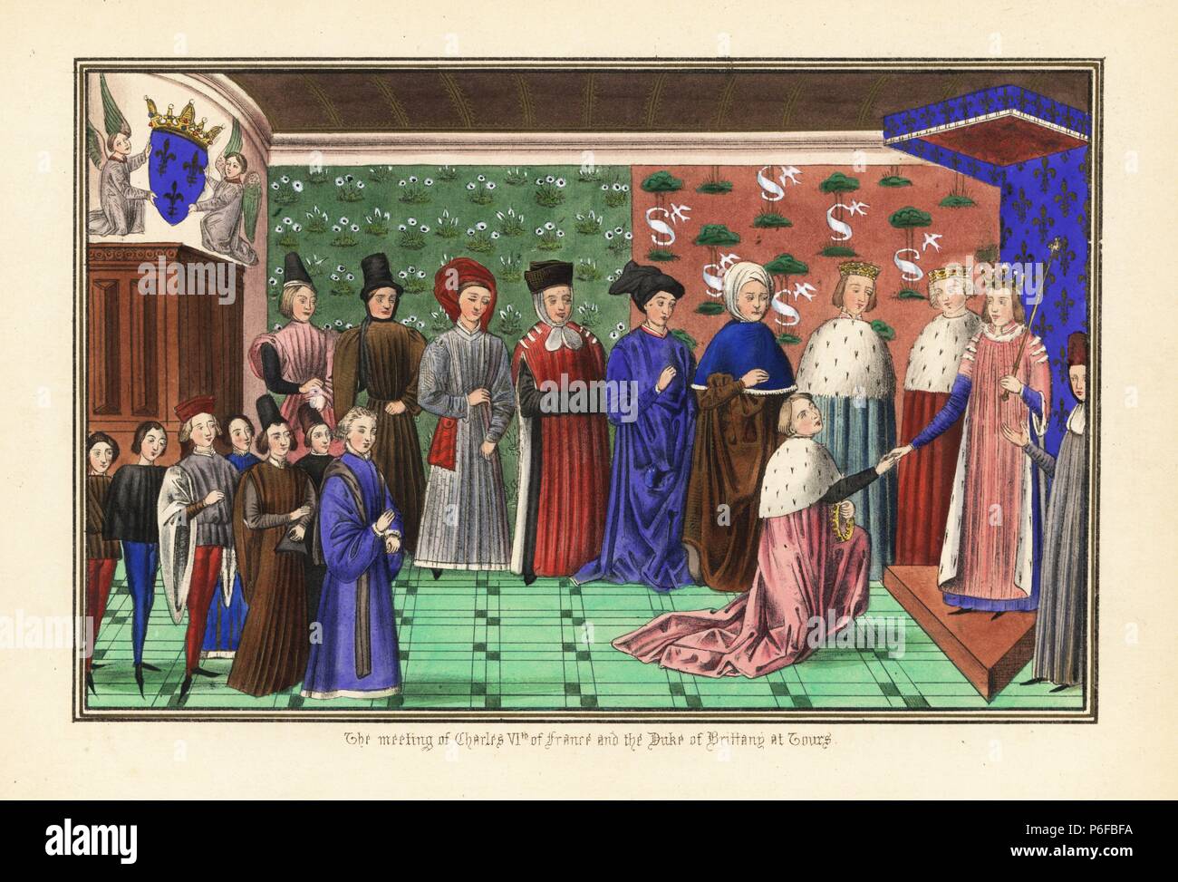 The meeting of King Charles VI of France and John VI, Duke of Brittany, at Tours, c.1396. Handcoloured lithograph after an illuminated manuscript from Sir John Froissart's 'Chronicles of England, France, Spain and the Adjoining Countries, from the Latter Part of the Reign of Edward II to the Coronation of Henry IV,' George Routledge, London, 1868. Stock Photo