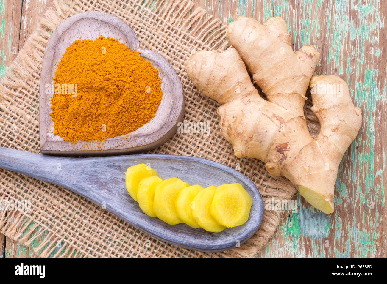 ginger roots and turmeric on the table, top view Stock Photo