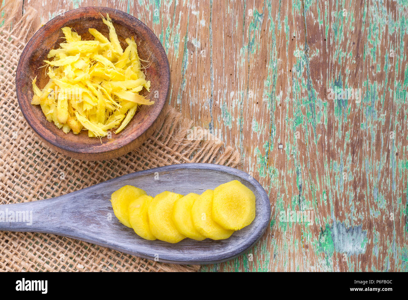 ginger roots on the table, top view Stock Photo