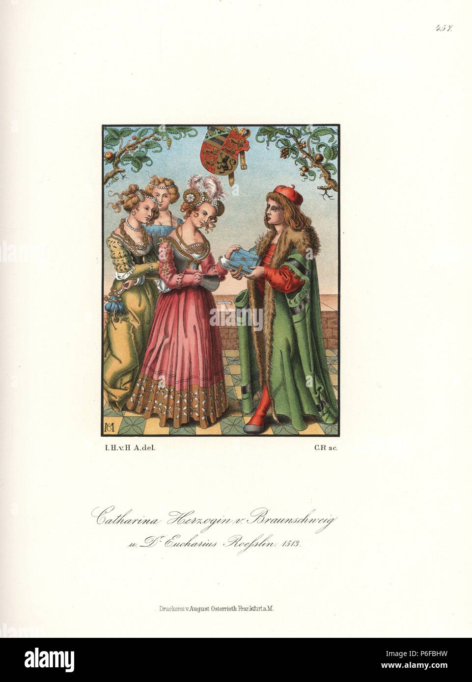 Catherine Of Brunswick Wolfenbuttel Receiving A Book On Childbirth From Its Author Doctor Eucharius Roesslin From The Coloured Dedication Plate By Martin Caldenbach To The Book Der Rosengarten 1513 Chromolithograph From Hefner Alteneck S Costumes