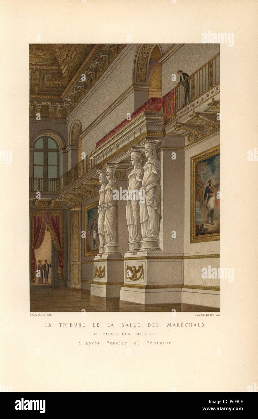 The tribune (gallery) in the Salle des Marechaux, Palais des Tuileries. Grand room decorated with statues, paintings, velvet curtains and gilt ornaments. Illustration drawn by Percier and Fontaine, chromolithograph by Charpentier from Paul Lacroix's 'Directoire, Consulat et Empire,' Paris, 1884. Stock Photo