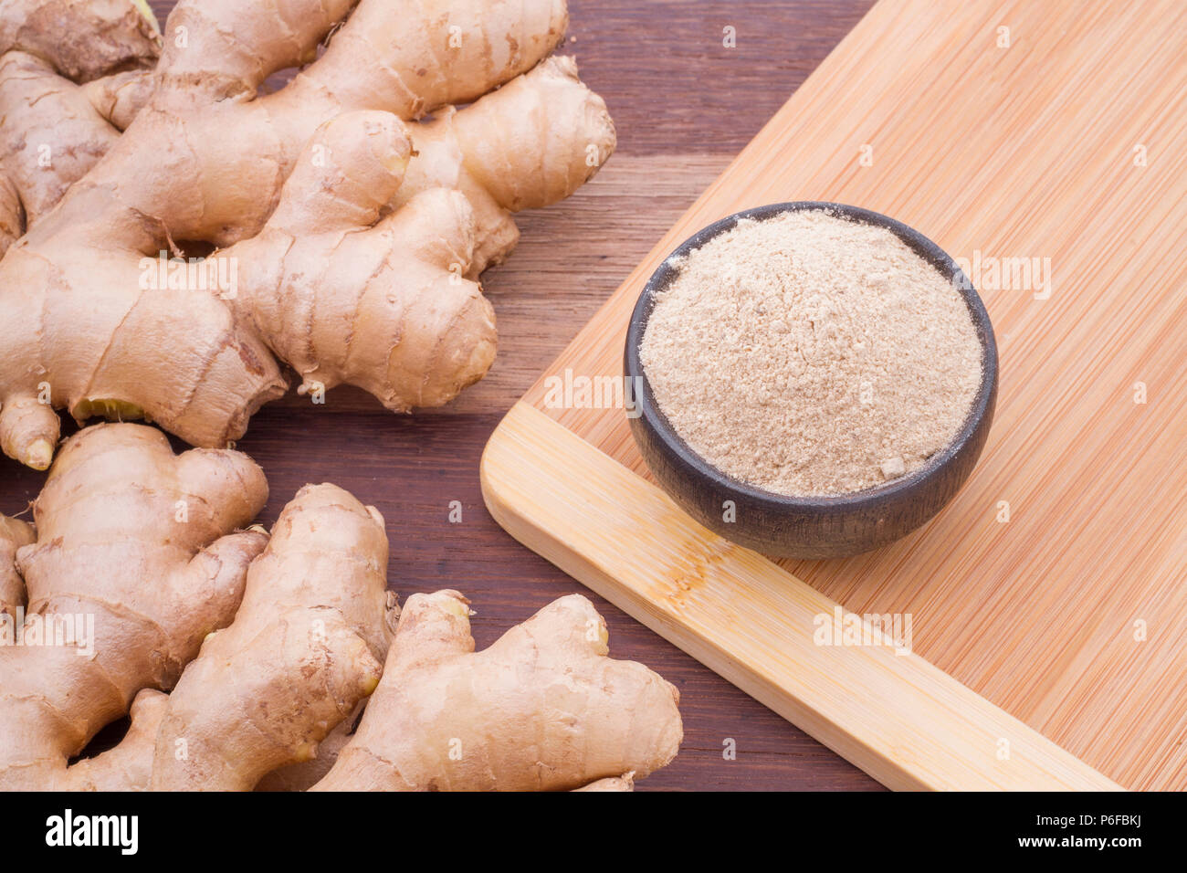 ginger roots on the table, top view Stock Photo