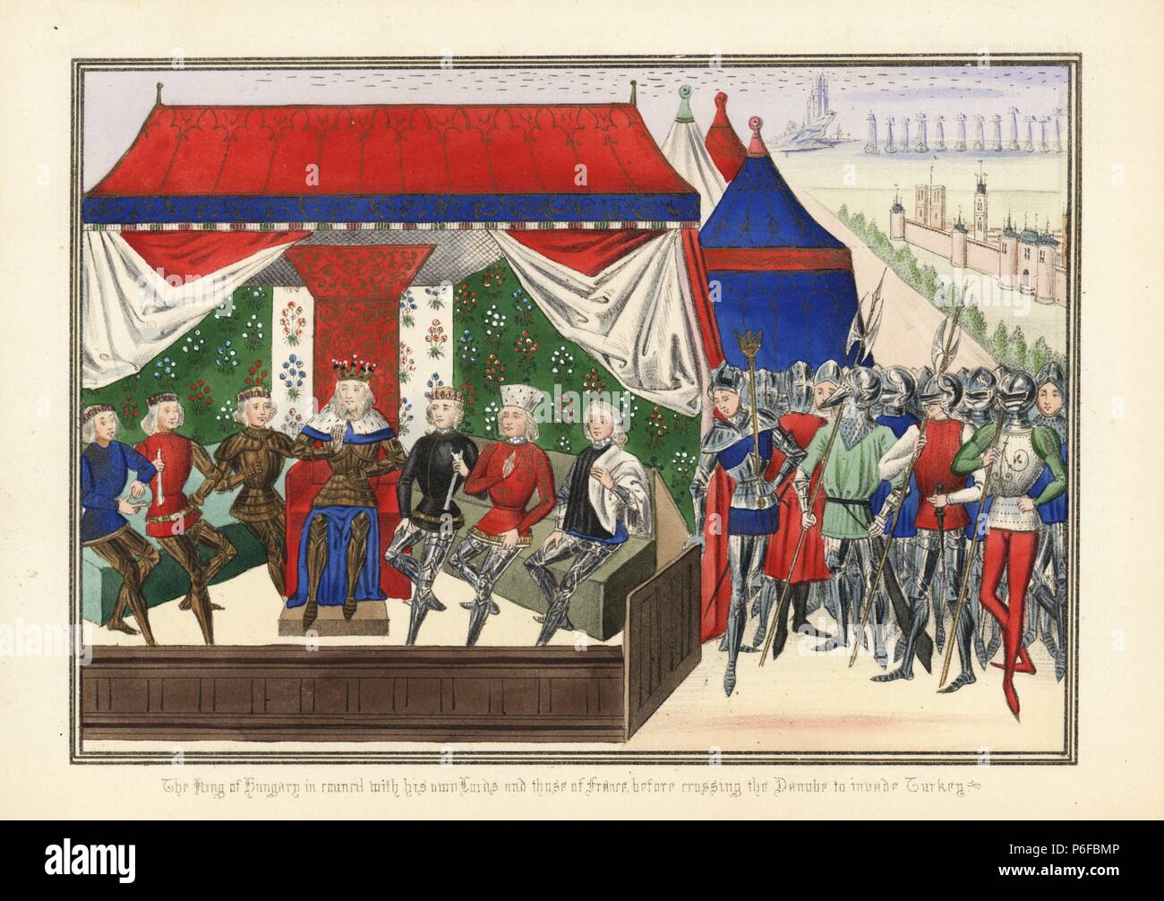 King Sigismund of Hungary in council with his own lords and French lords before crossing the Danube to invade Turkey, 1396. Handcoloured lithograph after an illuminated manuscript from Sir John Froissart's 'Chronicles of England, France, Spain and the Adjoining Countries, from the Latter Part of the Reign of Edward II to the Coronation of Henry IV,' George Routledge, London, 1868. Stock Photo