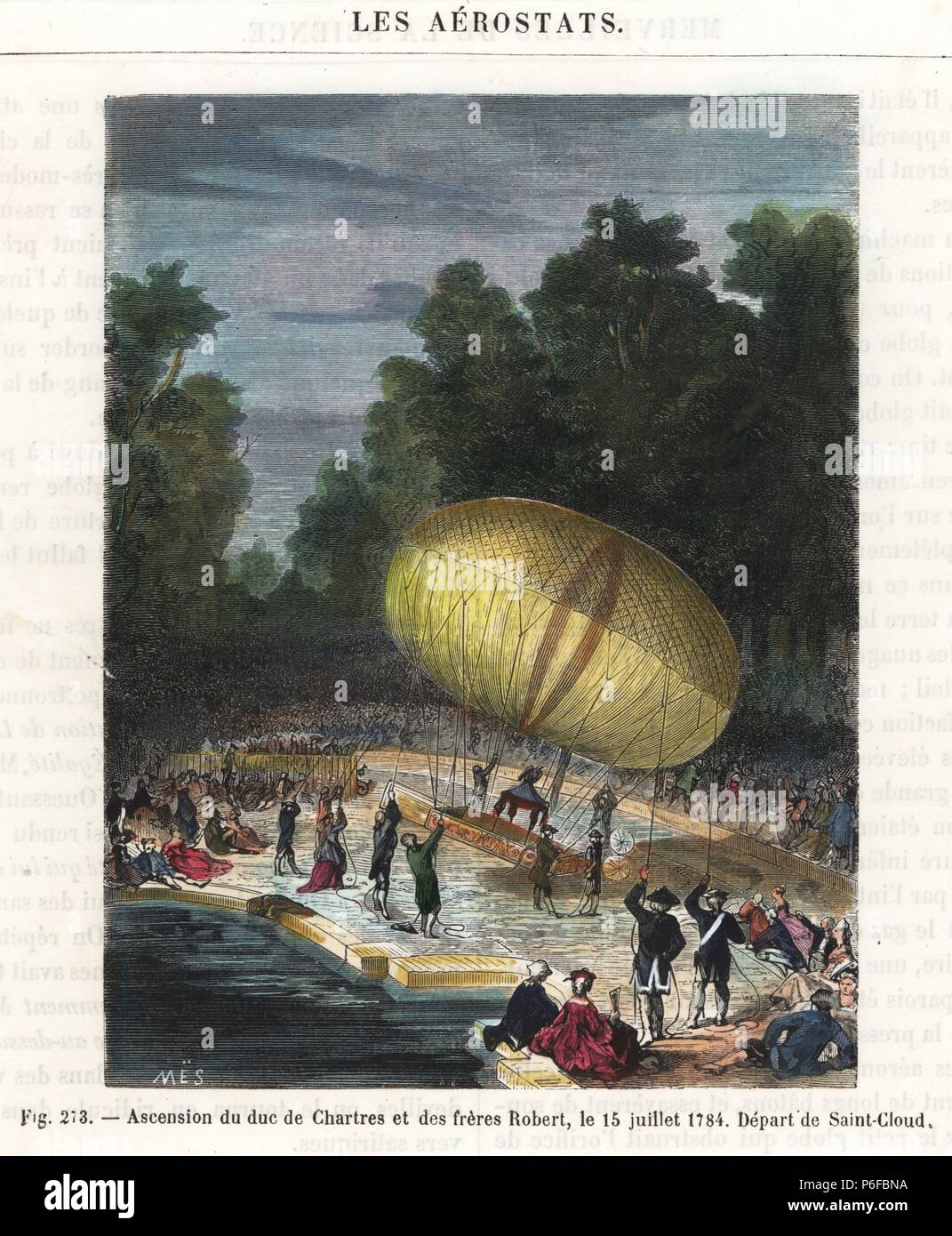 Flight in a dirigible balloon by the Duc de Chartres and the Robert brothers, Anne-Jean and Nicolas-Louis, July 15, 1784. The brothers flew for 45 minutes in the elongated craft. Handcolored engraving from Louis Figuier's 'Les Merveilles de la Science: Les Aerostats,' Furne, Jouvet et Cie, Paris, 1870. Stock Photo