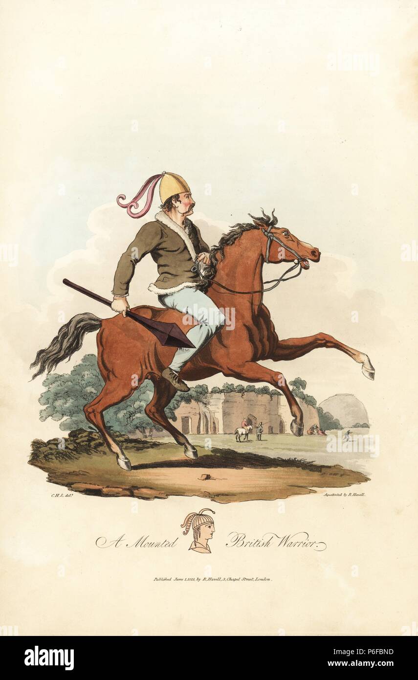 Mounted British warrior from the pre-Roman era. He wears a brazen helmet, a mantell gedenawg (shaggy cloak), trousers and shoes, and carries a club. In the background is the chapel in the rock, Nottingham. Handcoloured aquatint by R. Havell from an illustration by Charles Hamilton Smith from Samuel Meyrick's Costume of the Original Inhabitants of the British Islands, London, 1821. Stock Photo