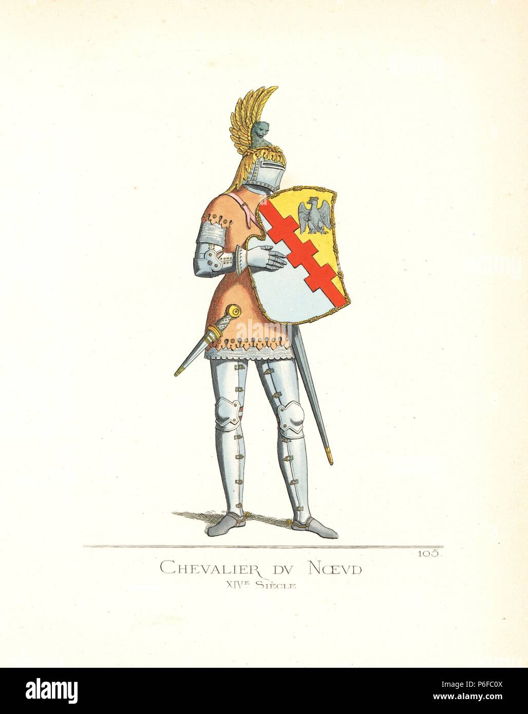 Knight of the short-lived Order of the Knot (Noeud), an order of chivalry founded in 1352 by Louis of Taranto, King of Naples. He wears a brown tabard, steel helm, suit of armour, gauntlets and spurs. The helm and edges of the shield are decorated with knots. From a sepulchral stone in the church of Saint Catherine, Pisa. Handcoloured illustration drawn and lithographed by Paul Mercuri with text by Camille Bonnard from 'Historical Costumes from the 12th to 15th Centuries,' Levy Fils, Paris, 1861. Stock Photo