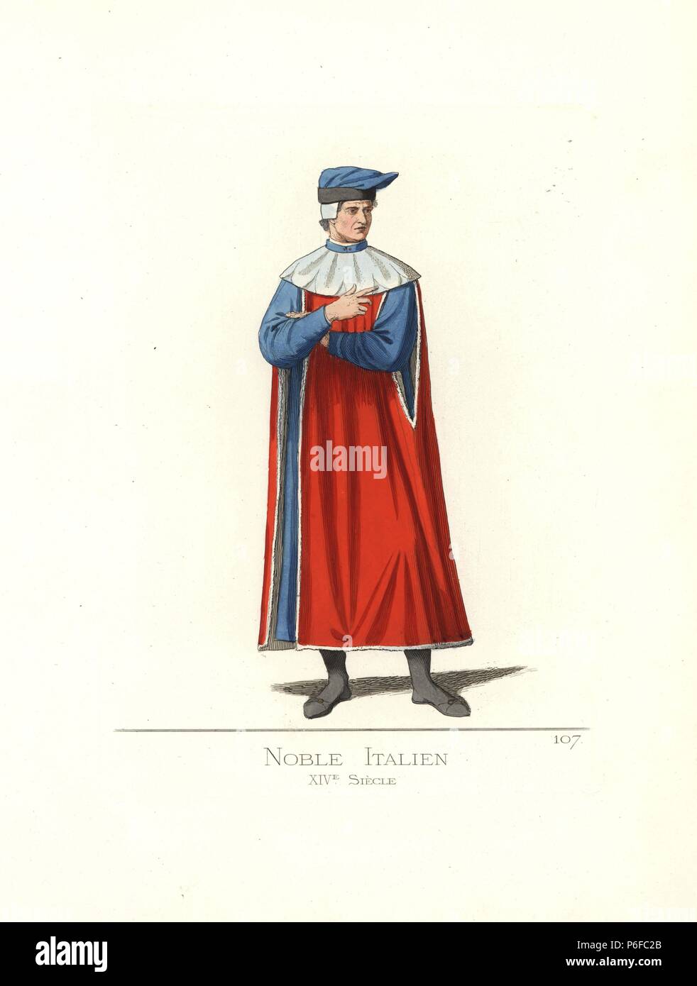 Costume of an Italian nobleman, 14th century. He wears a blue bonnet, a red  cape with white collar trimmed with ermine over a blue robe. From a  miniature in a 14th century