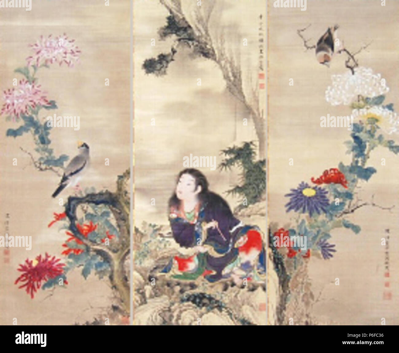 English: Kiku Jido and Flowers and Birds by Katayama Yokoku (triptych) 日本語: 菊慈童・花鳥図 . C18 38 Kiku Jido and Flowers and Birds by Katayama Yokoku Stock Photo