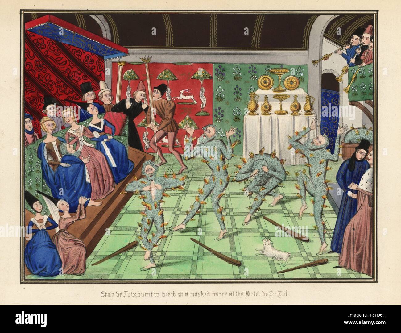 The Bal des Ardents, at the Hotel de St. Pol, 1393. Six men including King  Charles VI dressed as wood savages in the masquerade, which ended in  tragedy when their costumes caught
