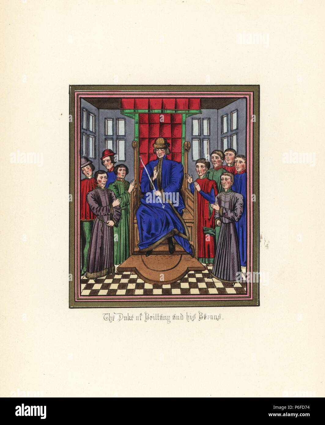 Lord Jean de Montfort, Duke of Brittany (1294-1345), and his barons. Handcoloured lithograph after an illuminated manuscript from Sir John Froissart's 'Chronicles of England, France, Spain and the Adjoining Countries, from the Latter Part of the Reign of Edward II to the Coronation of Henry IV,' George Routledge, London, 1868. Stock Photo