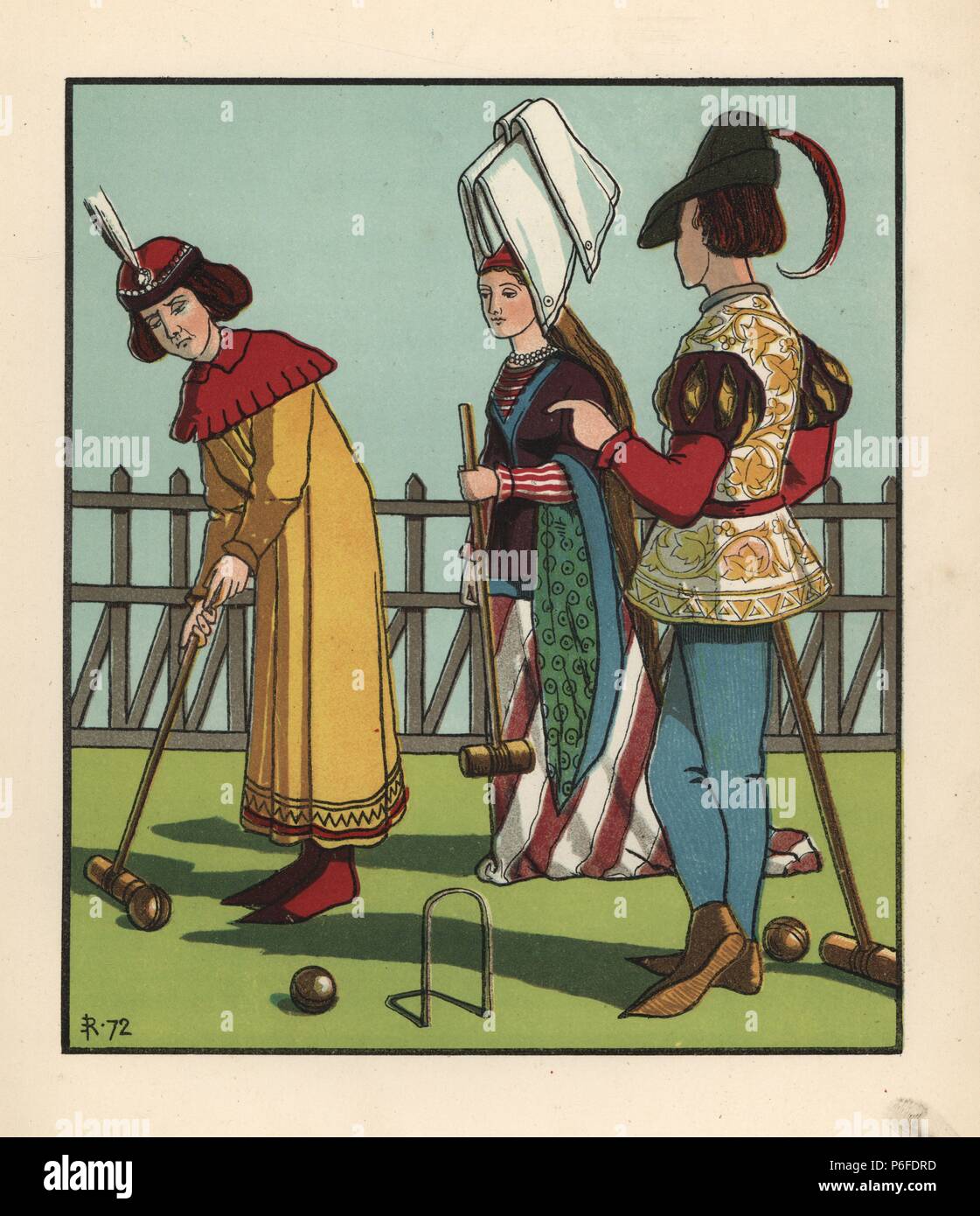 Medieval men and woman playing a game of croquet with mallet and hoops