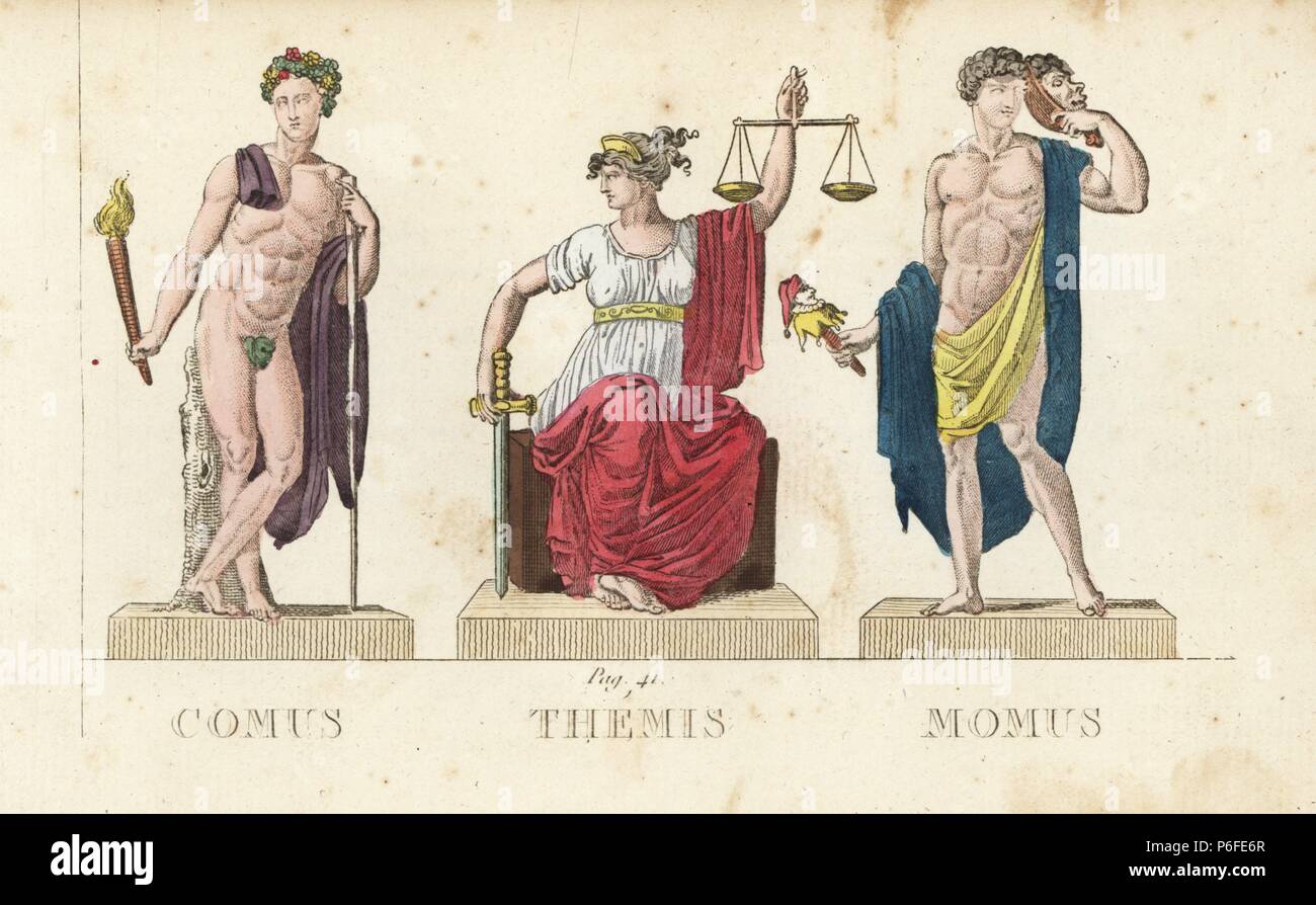 Comus, Themis and Momus, Greek gods of festivity, divine law and satire. Handcoloured copperplate engraving engraved by Jacques Louis Constant Lacerf after illustrations by Leonard Defraine from 'La Mythologie en Estampes' (Mythology in Prints, or Figures of Fabled Gods), Chez P. Blanchard, Paris, c.1820. Stock Photo