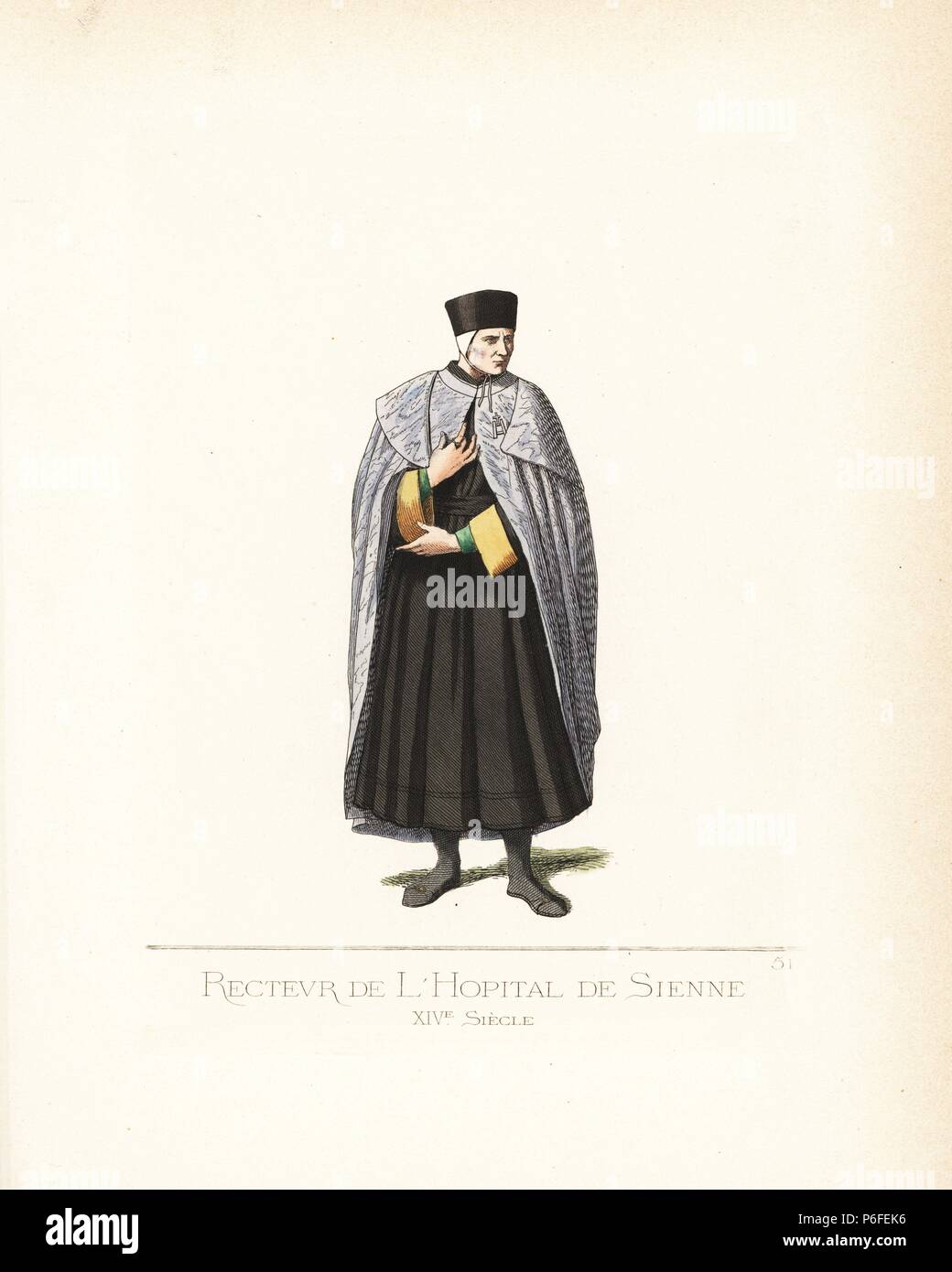 Rector of the hospital of Santa Maria della Scala, Siena, 14th century. He wears a black toque over a white cap, violet silk cape, black robe with yellow cuffs, green doublet, and black shoes. From a fresco 'Healing the Sick' by Domenico di Bartolo. Handcoloured illustration drawn and lithographed by Paul Mercuri with text by Camille Bonnard from 'Historical Costumes from the 12th to 15th Centuries,' Levy Fils, Paris, 1860. Stock Photo
