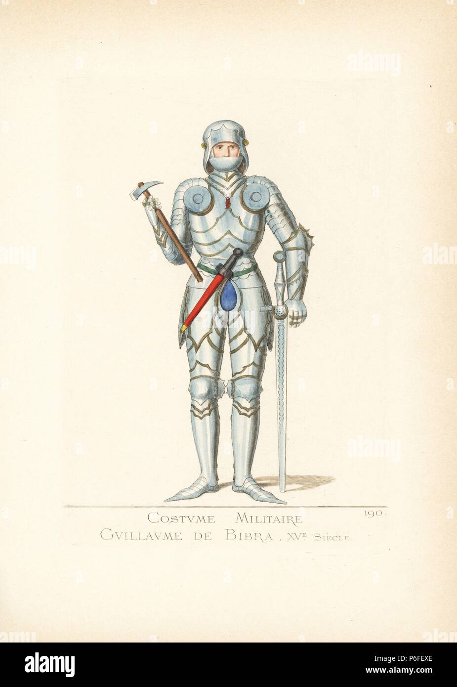 German knight in armour, 15th century. He wears a steel helmet with gold details, a suit of plate armour in steel with gold joints, green belt, articulated gauntlets and shoes. He is armed with sword, dagger and battle axe. From the tomb of Wilhelm von Bibra, ambassador to HRE Frederick III, in the church of Saint Anastasia, Verona. Handcoloured illustration drawn and lithographed by Paul Mercuri with text by Camille Bonnard from 'Historical Costumes from the 12th to 15th Centuries,' Levy Fils, Paris, 1861. Stock Photo